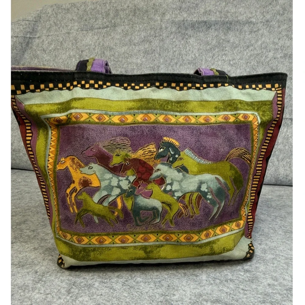 Laurel Burch Wild Horse Canvas Tote Bag Purple Green‎ Shoulder Bag Coins *READ*